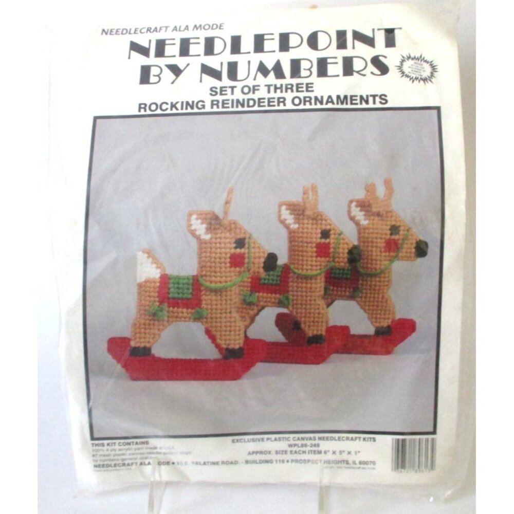 Plastic Canvas Kit - 3 Rocking Reindeer Ornaments - Festive Holiday Decoration -